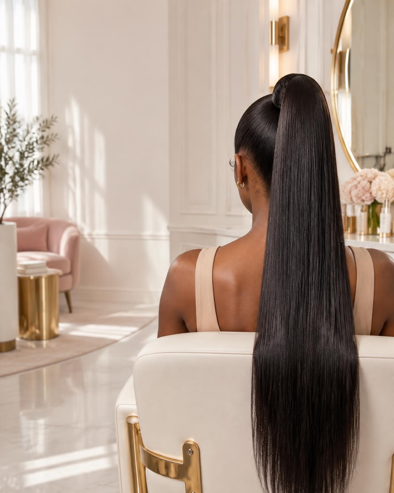 Rear view of a woman wearing a polished sleek high ponytail inside LAY BEAUTY ROOM